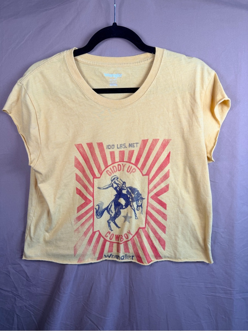 Wrangler Cowboy Graphic Crop Tee Western Rodeo Giddy Up Yellow S